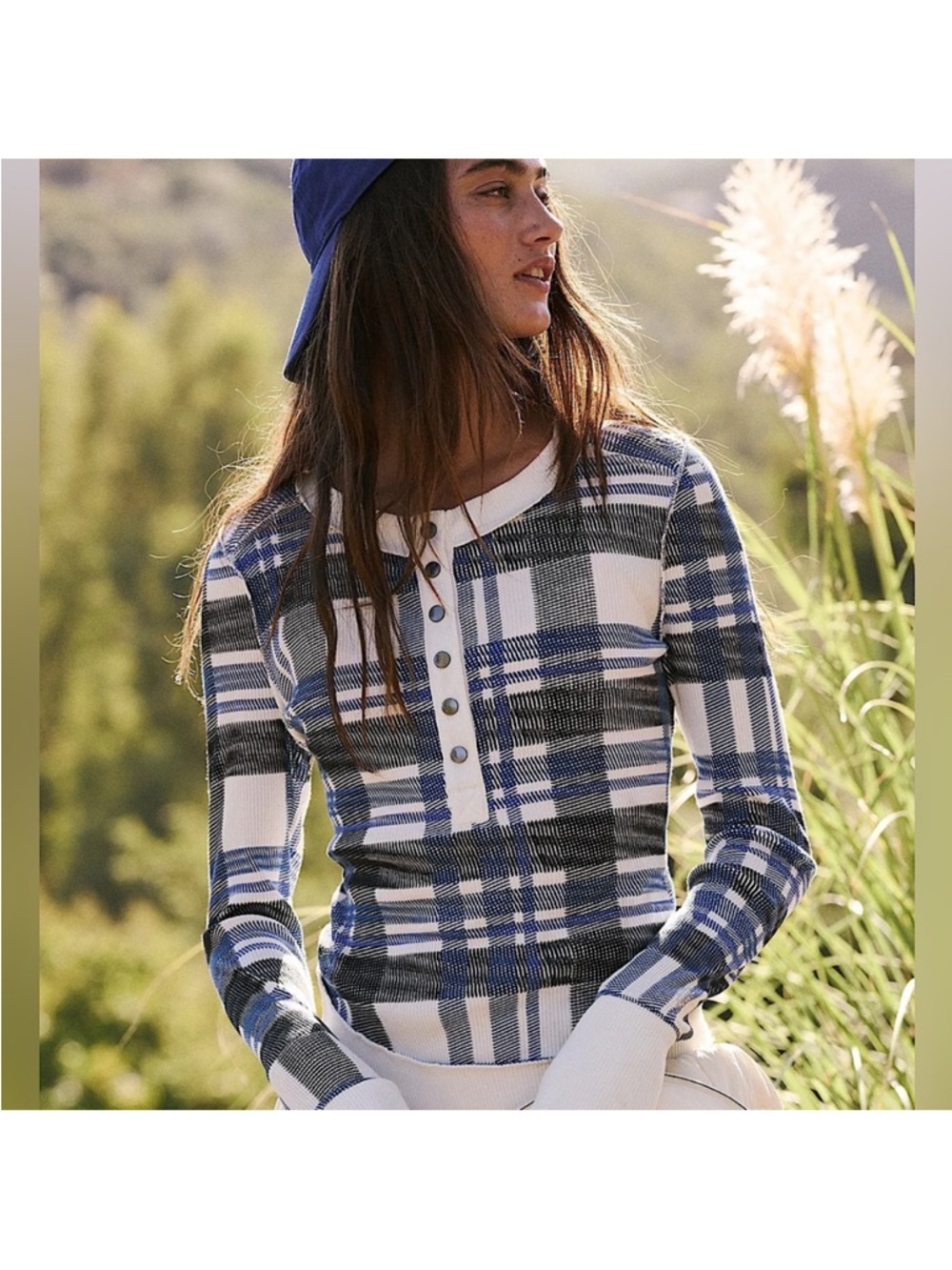 Free people Movement thermal Plaid Henley Long Sleeve Top in Blue and White